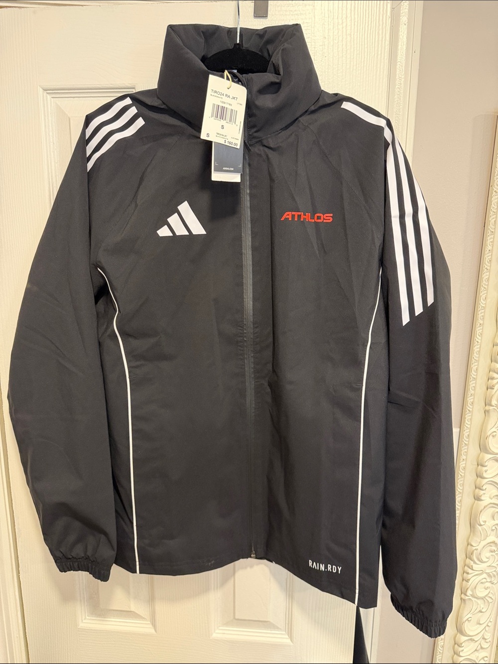 adidas Black Jacket with White Stripes and Red Athlos Logo Tiro24 Rain Jacket